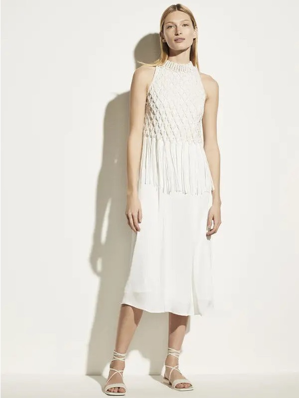 Vince Crochet Fringe Mixed Media Midi Dress In Off White Cream White Medium